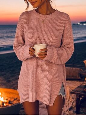Suzy Shier XL Pink Chunky Knit Tunic Sweater Oversized Cozy Beach Bonfire Top
